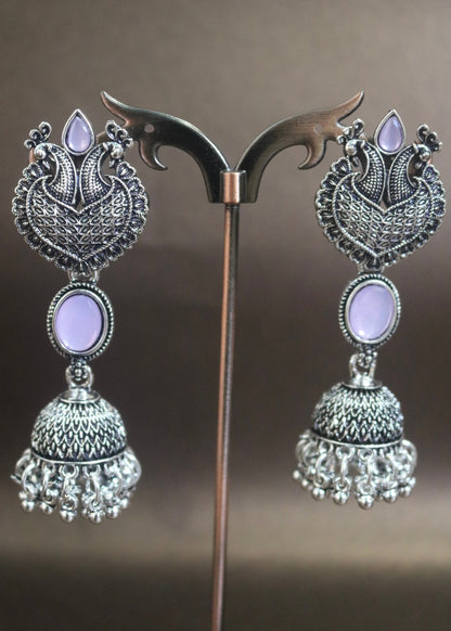 Oxidized Jhumka Earrings with Peacock Motif -Purple