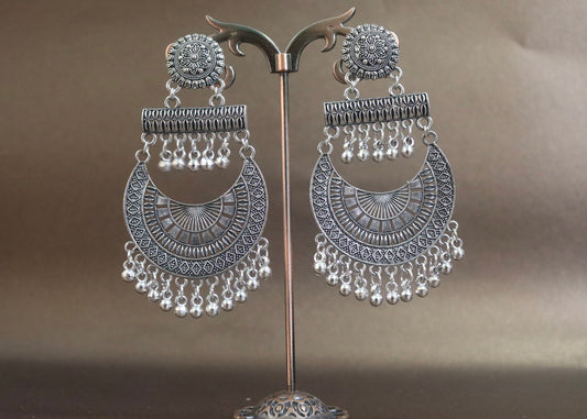 Oxidized Silver Jhumka Earrings with Tassel