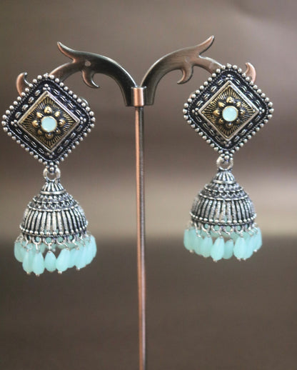 Antique Silver Jhumka Earrings Green