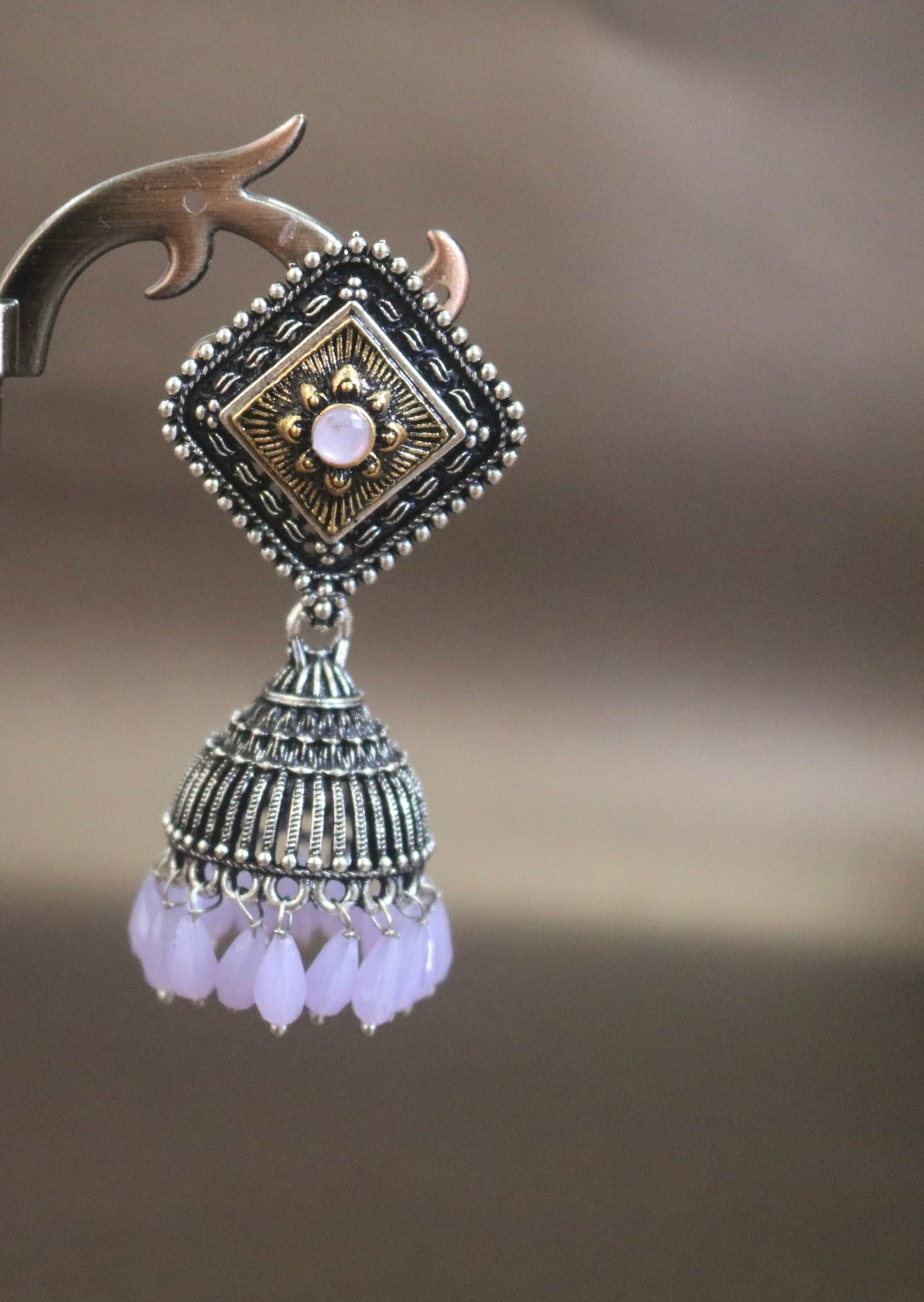 Antique Silver Jhumka Earrings Purple