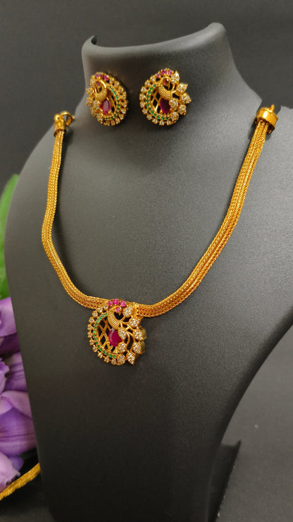 Peacock Intricate Necklace Set - Pink