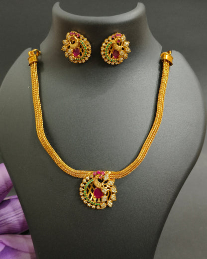Peacock Intricate Necklace Set - Pink