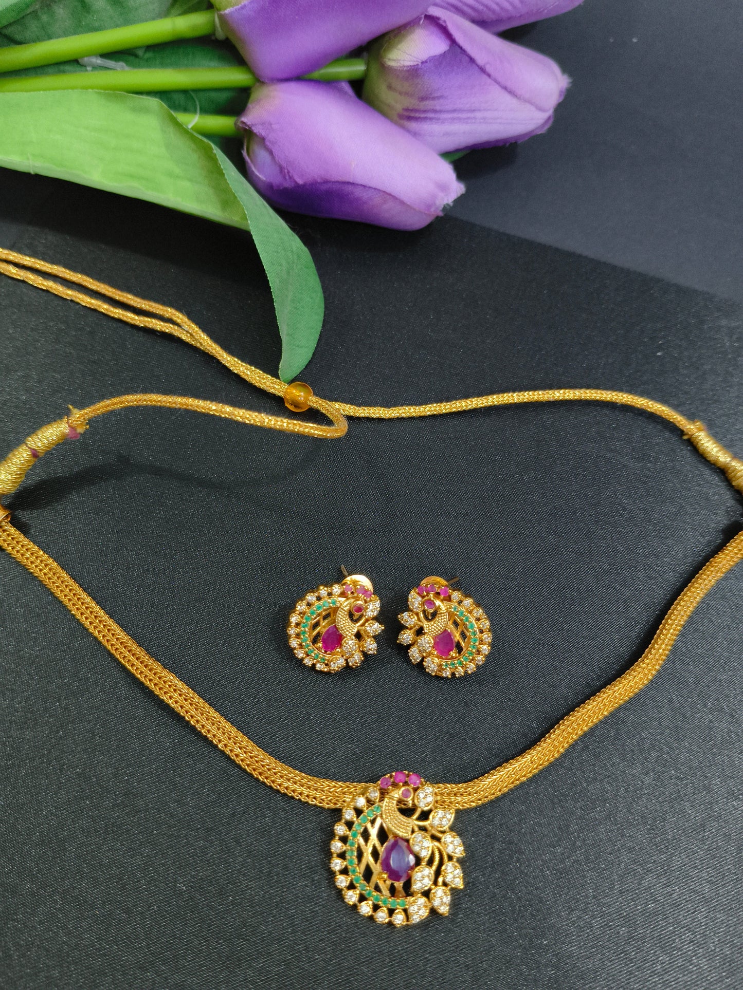 Peacock Intricate Necklace Set - Pink
