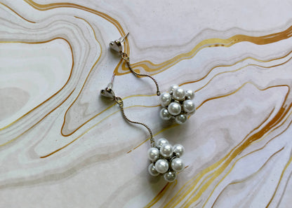 Pearl Cluster Drop Earrings with Heart Charm - Silver