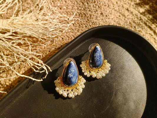 Blue Stone With White Pearl Fringe Earrings