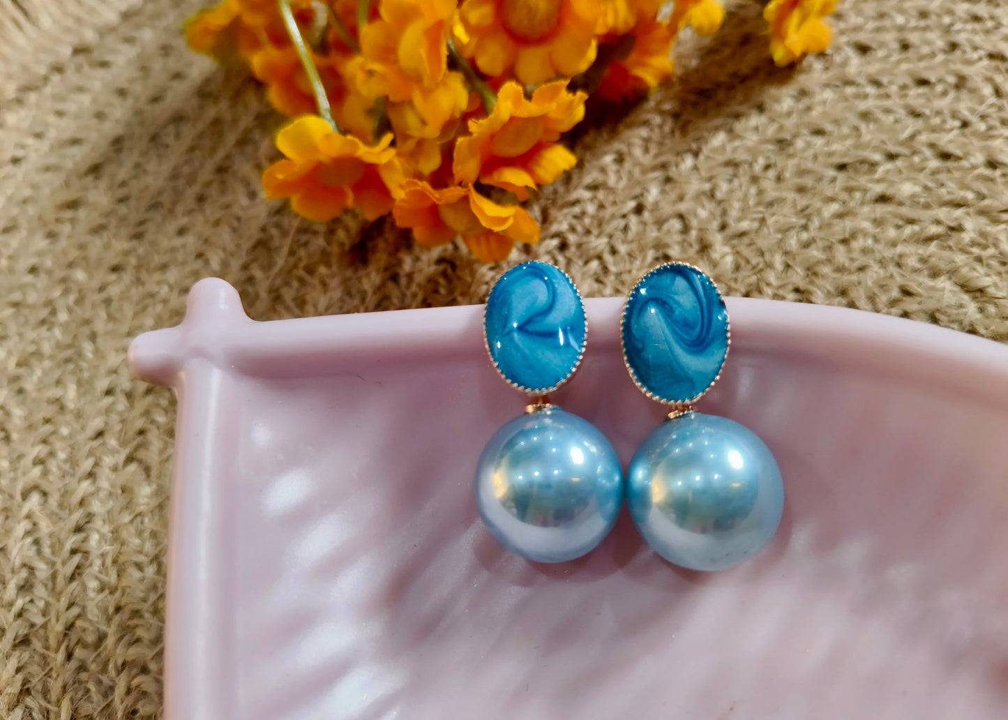 Oval Stud Earrings with Pearl Drop