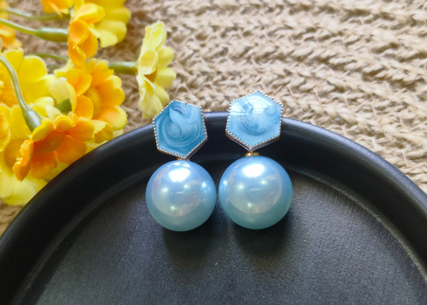 Geometric Stud Earrings with Pearl Drop