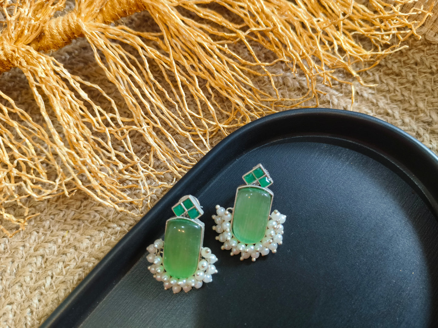 Elegant Green Gemstone Earrings with Pearls