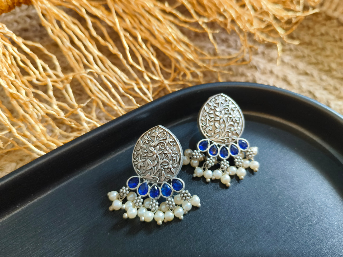 Antique Silver Blue Teardrop Earrings with Pearls