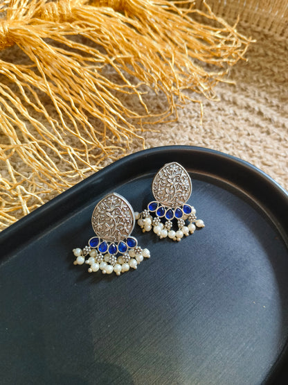 Antique Silver Blue Teardrop Earrings with Pearls