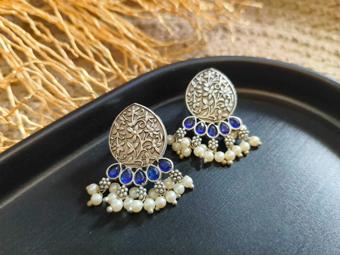 Antique Silver Blue Teardrop Earrings with Pearls