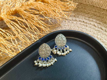 Antique Silver Blue Teardrop Earrings with Pearls