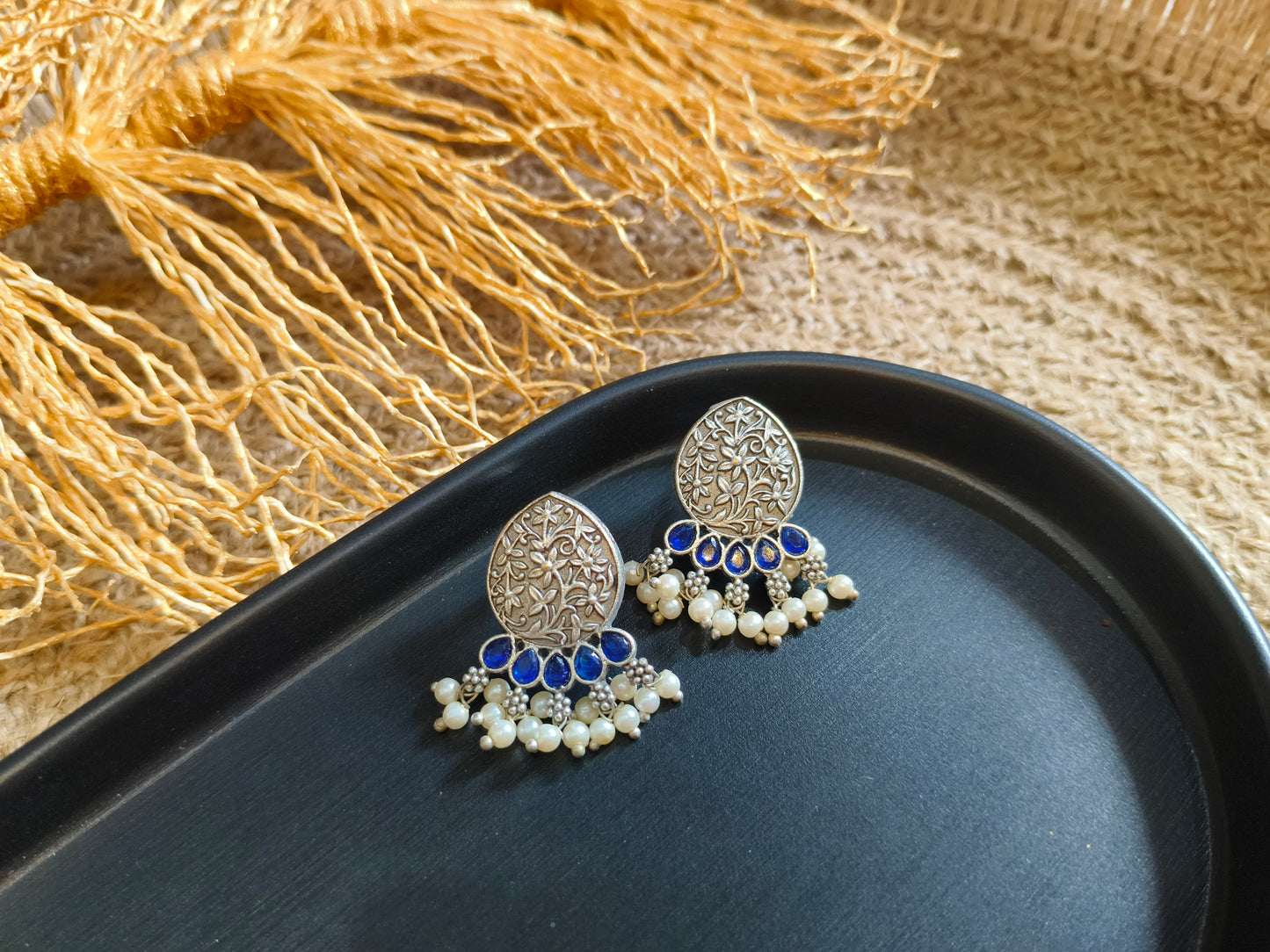 Antique Silver Blue Teardrop Earrings with Pearls