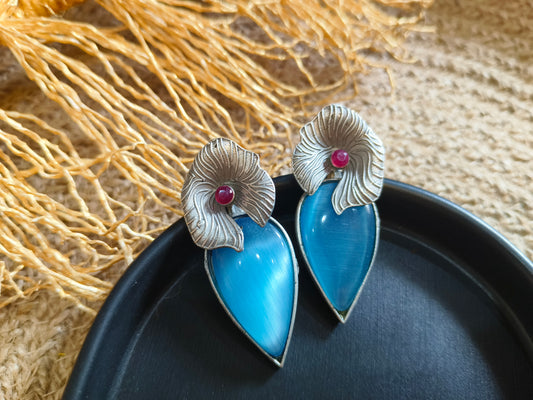 Bohemian Blue Cat's Eye and Ruby Studs