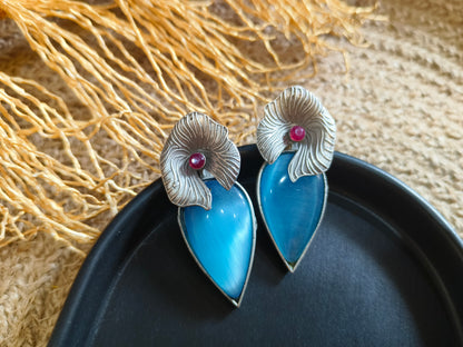 Bohemian Blue Cat's Eye and Ruby Studs