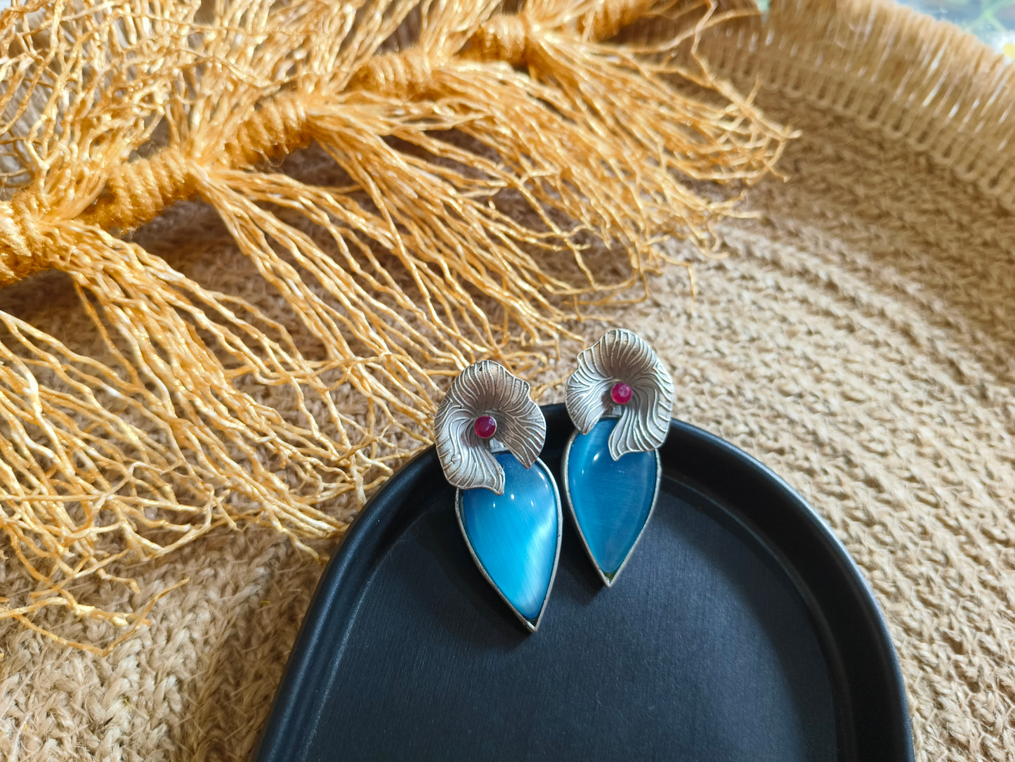 Bohemian Blue Cat's Eye and Ruby Studs