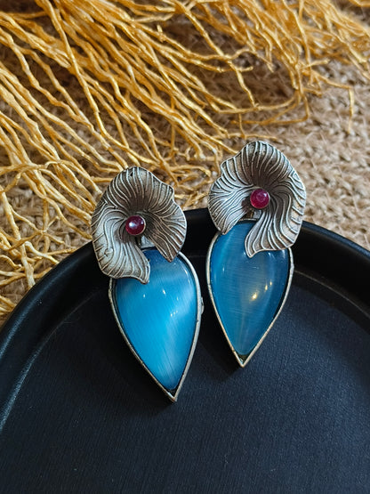 Bohemian Blue Cat's Eye and Ruby Studs