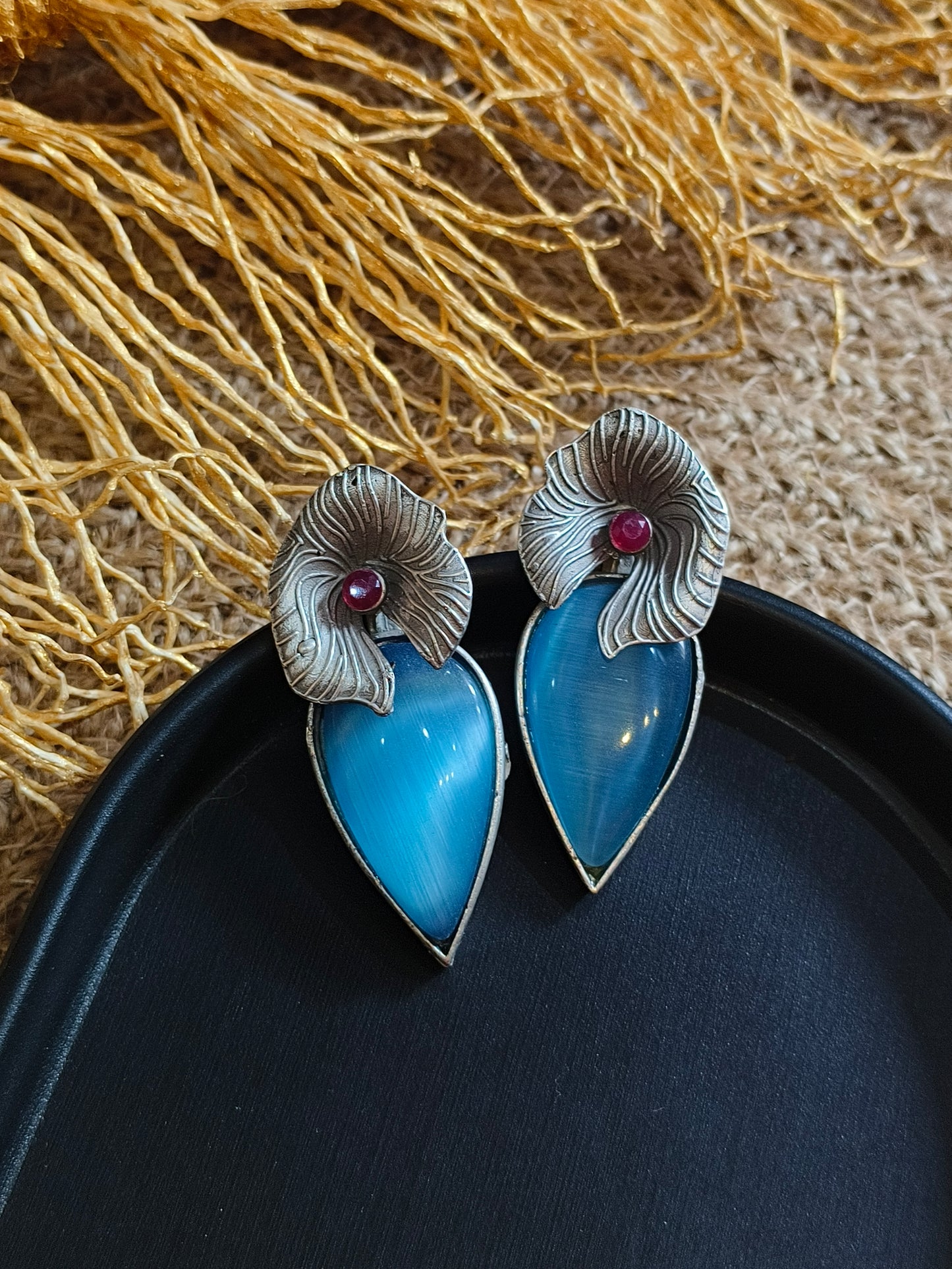 Bohemian Blue Cat's Eye and Ruby Studs