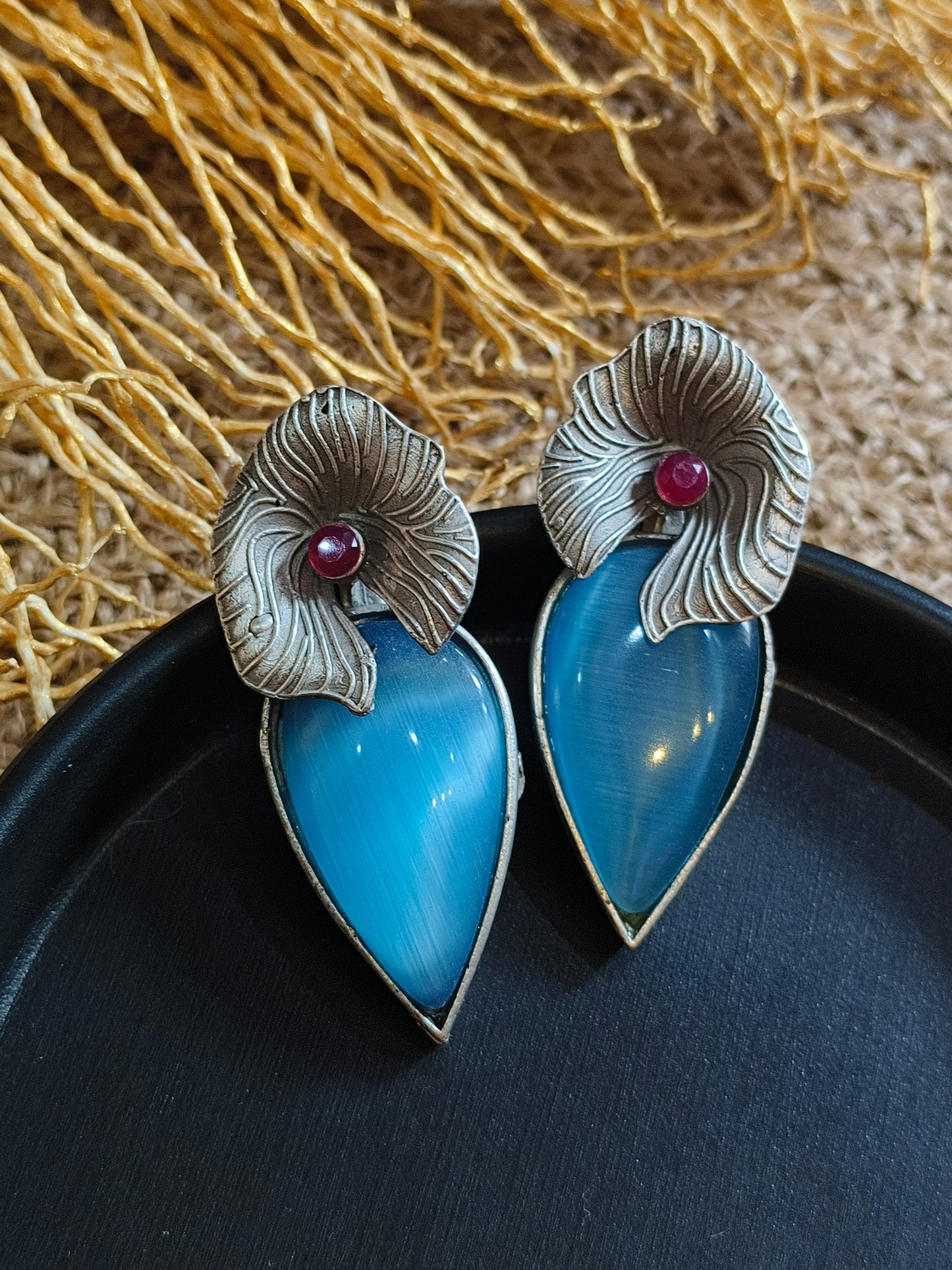 Bohemian Blue Cat's Eye and Ruby Studs