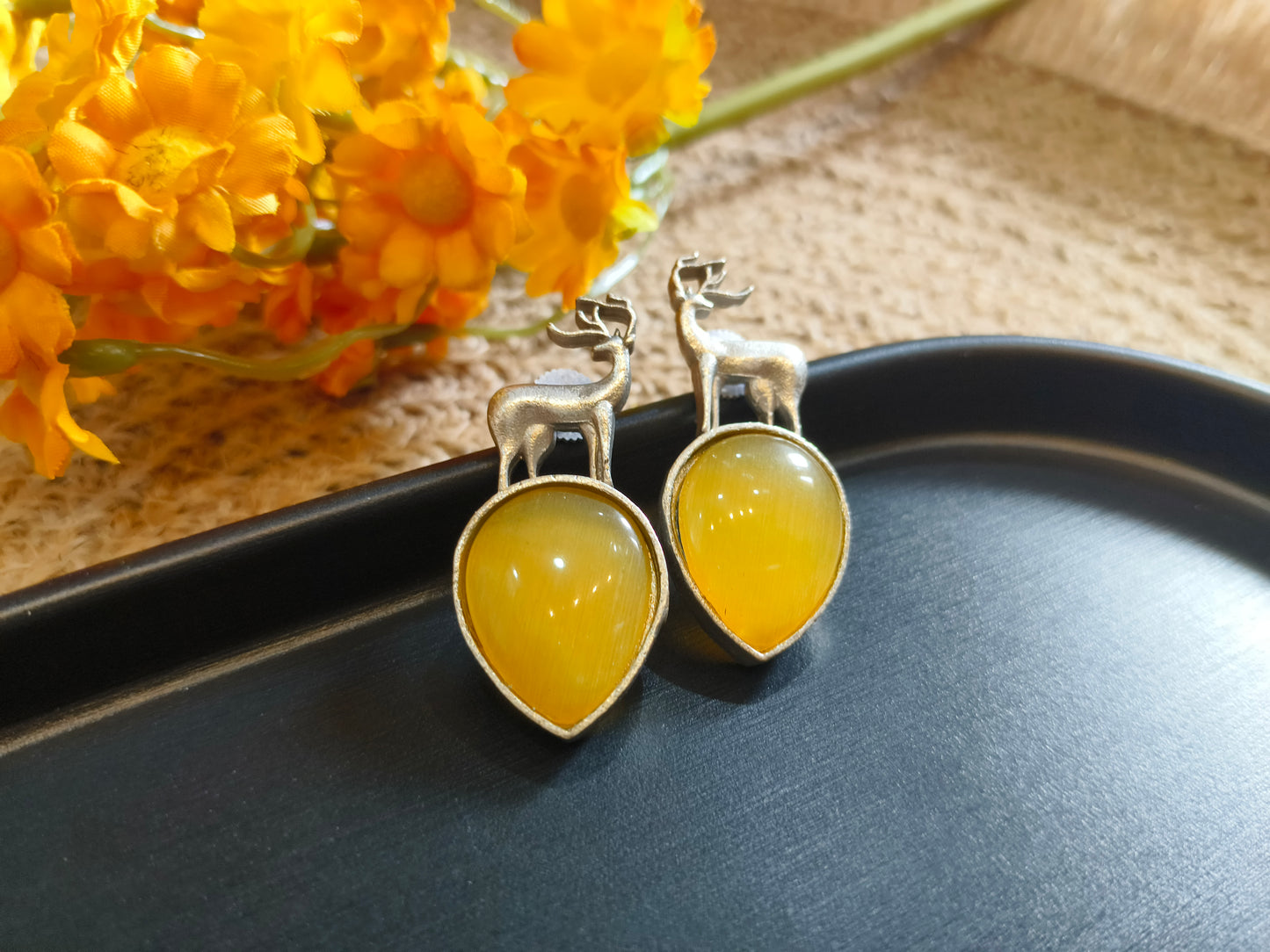 Yellow Stone Deer Earrings