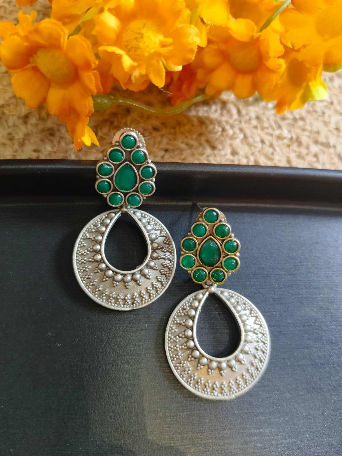 Green Teardrop Earrings with Oxidized Silver Base