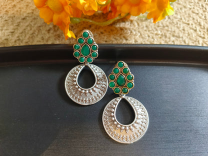 Green Teardrop Earrings with Oxidized Silver Base