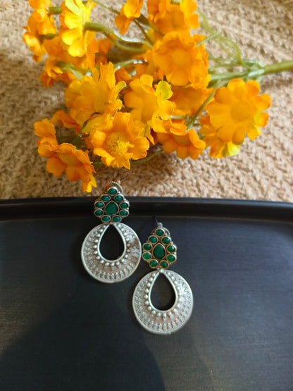 Green Teardrop Earrings with Oxidized Silver Base