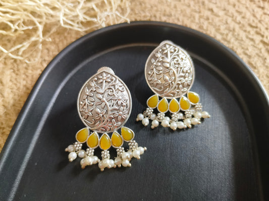 Floral Delights: Oxidized Silver Earrings with Yellow Drops