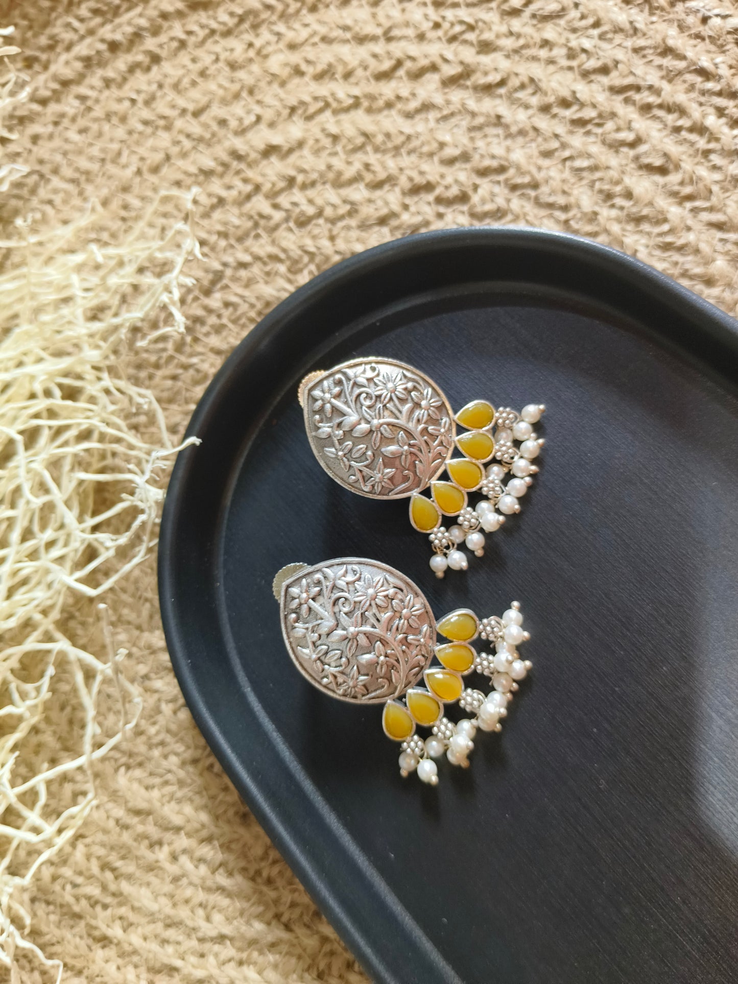 Floral Delights: Oxidized Silver Earrings with Yellow Drops