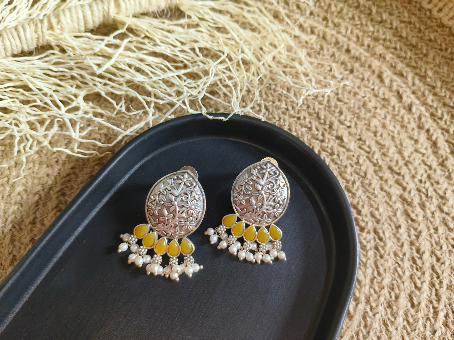 Floral Delights: Oxidized Silver Earrings with Yellow Drops