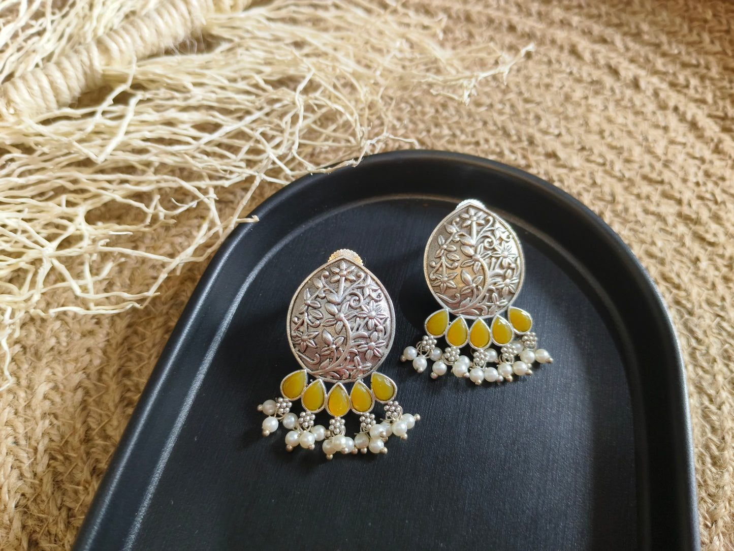 Floral Delights: Oxidized Silver Earrings with Yellow Drops