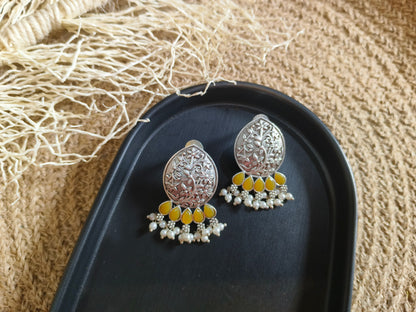 Floral Delights: Oxidized Silver Earrings with Yellow Drops