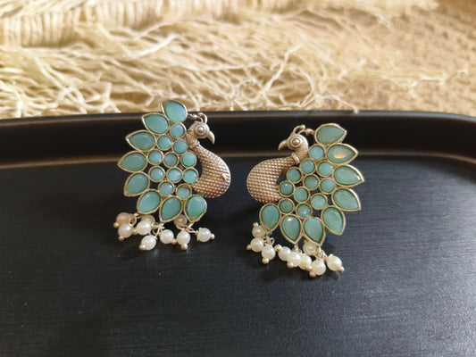 Peacock Paradise: Blue Stone and Pearl Studs