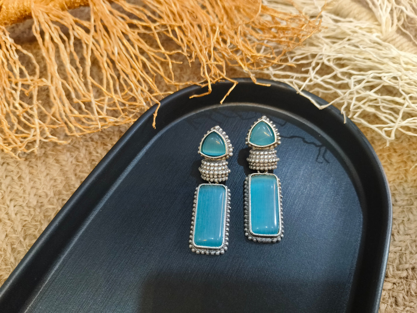 Blue Stone Dangler Earrings with Oxidized Silver