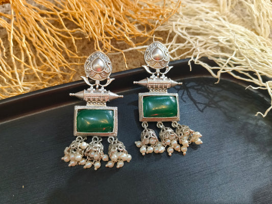 Green Gemstone and Pearl Dangler Earrings