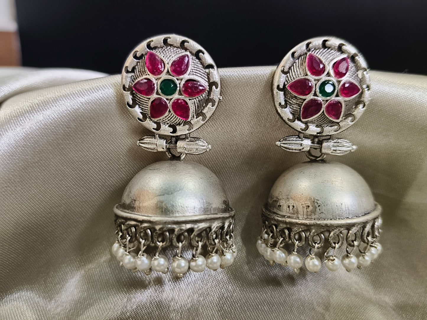 Vintage Charm: Oxidized Silver Jhumkas with Multi Colour Stonework