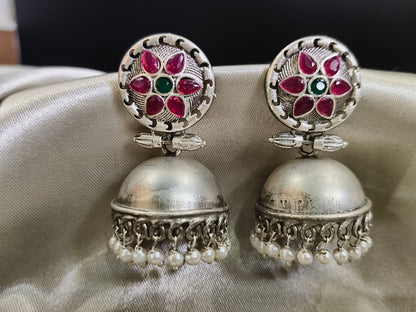 Vintage Charm: Oxidized Silver Jhumkas with Multi Colour Stonework