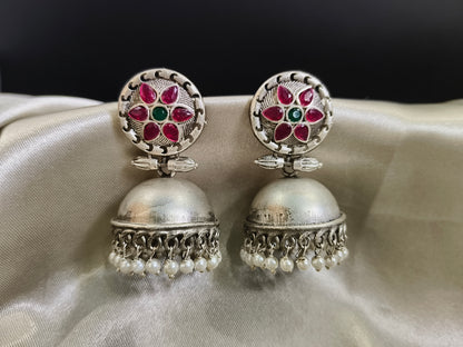 Vintage Charm: Oxidized Silver Jhumkas with Multi Colour Stonework