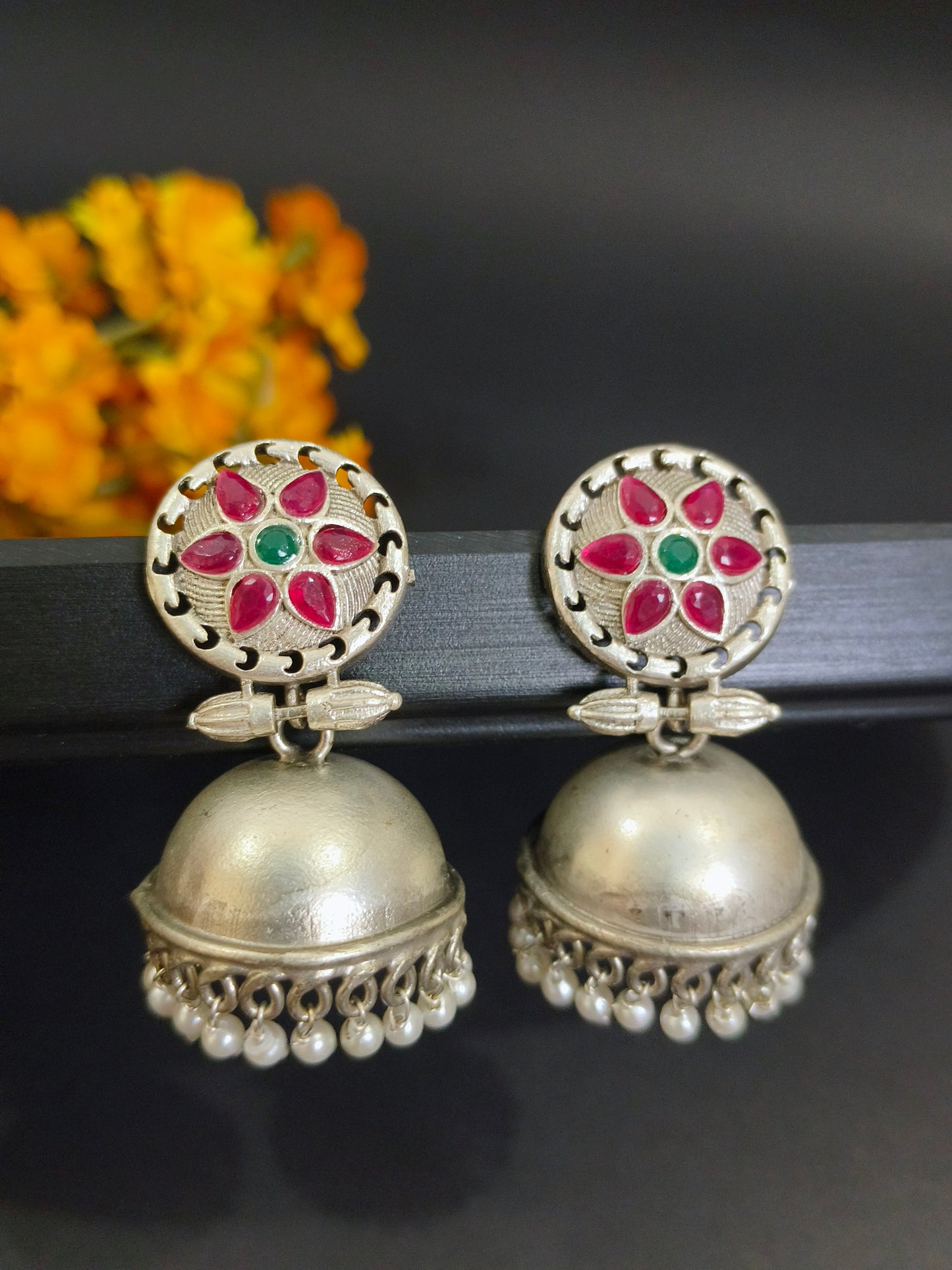 Vintage Charm: Oxidized Silver Jhumkas with Multi Colour Stonework