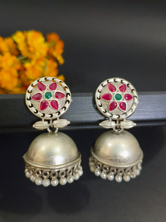 Vintage Charm: Oxidized Silver Jhumkas with Multi Colour Stonework