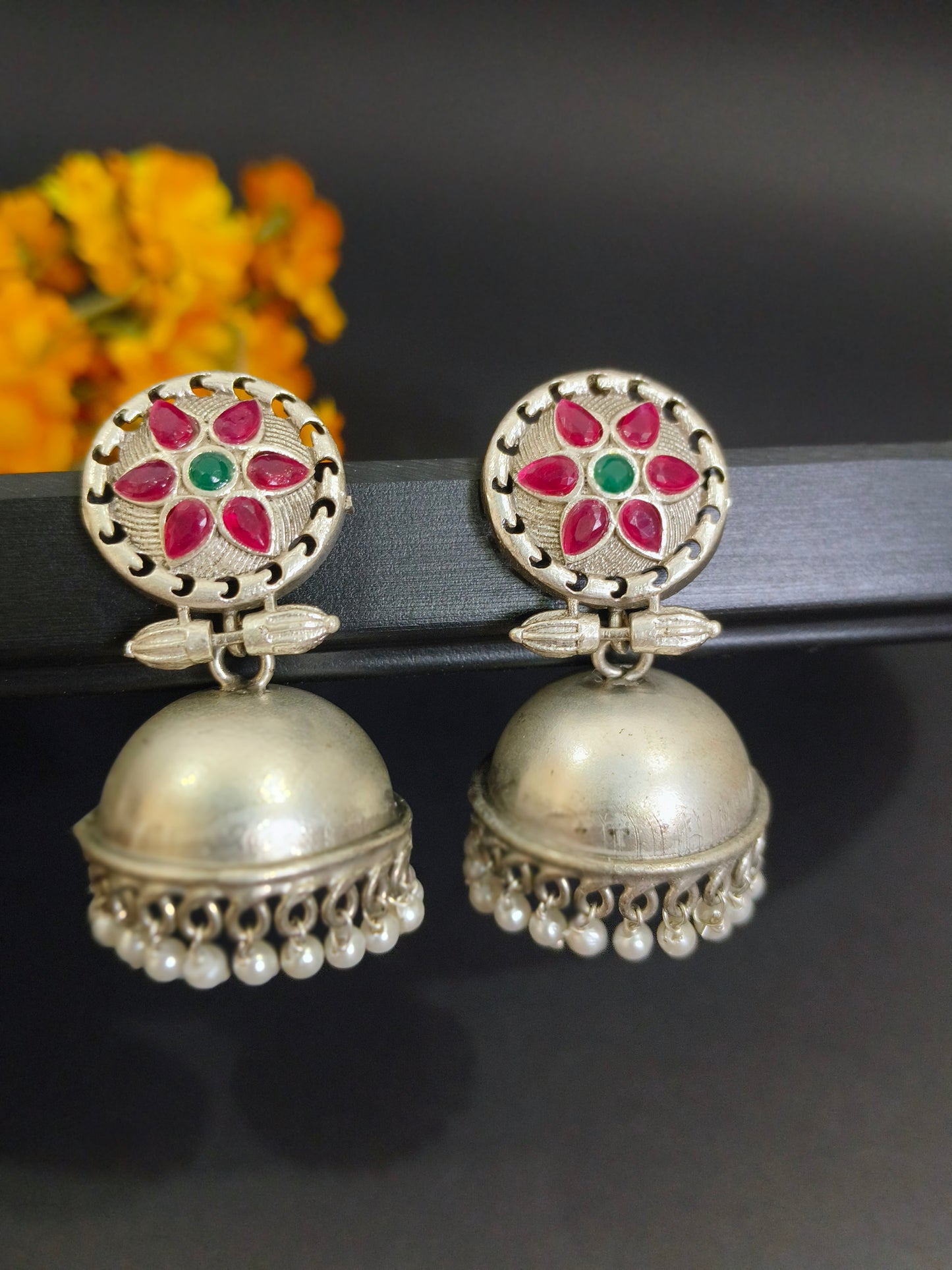 Vintage Charm: Oxidized Silver Jhumkas with Multi Colour Stonework