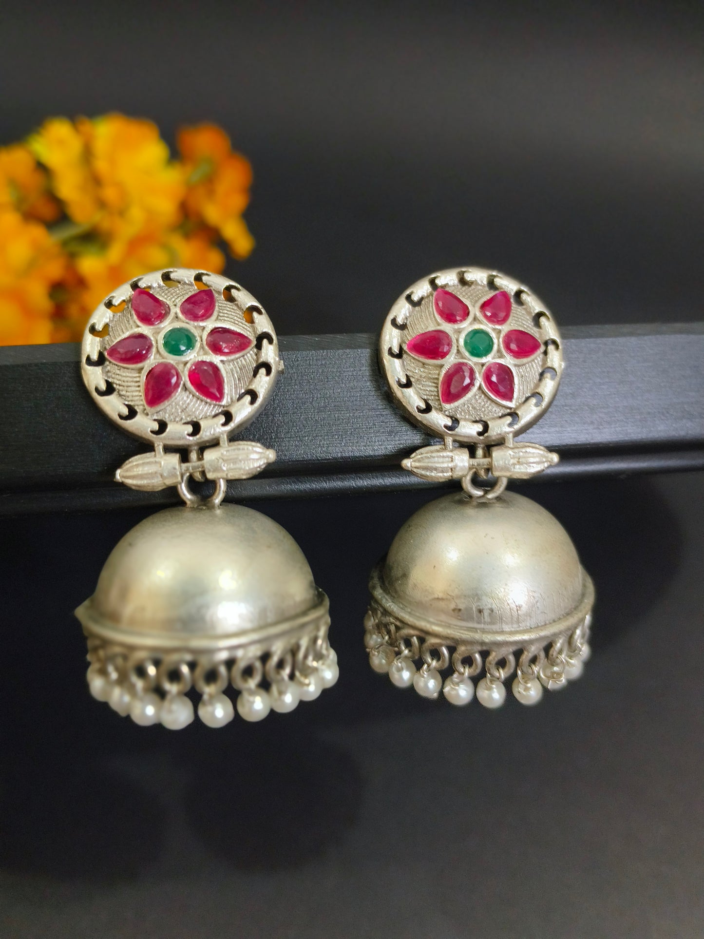 Vintage Charm: Oxidized Silver Jhumkas with Multi Colour Stonework