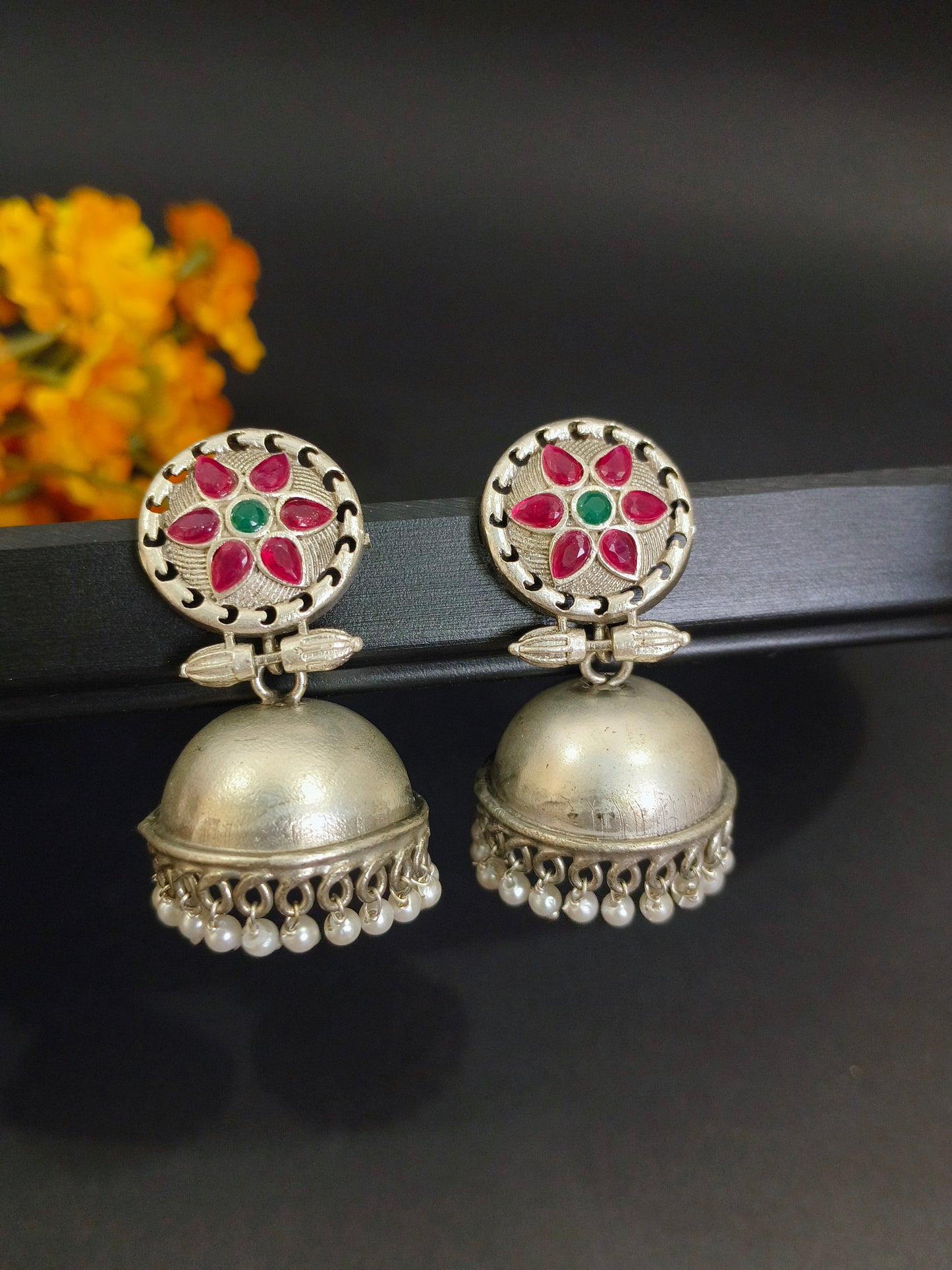 Vintage Charm: Oxidized Silver Jhumkas with Multi Colour Stonework