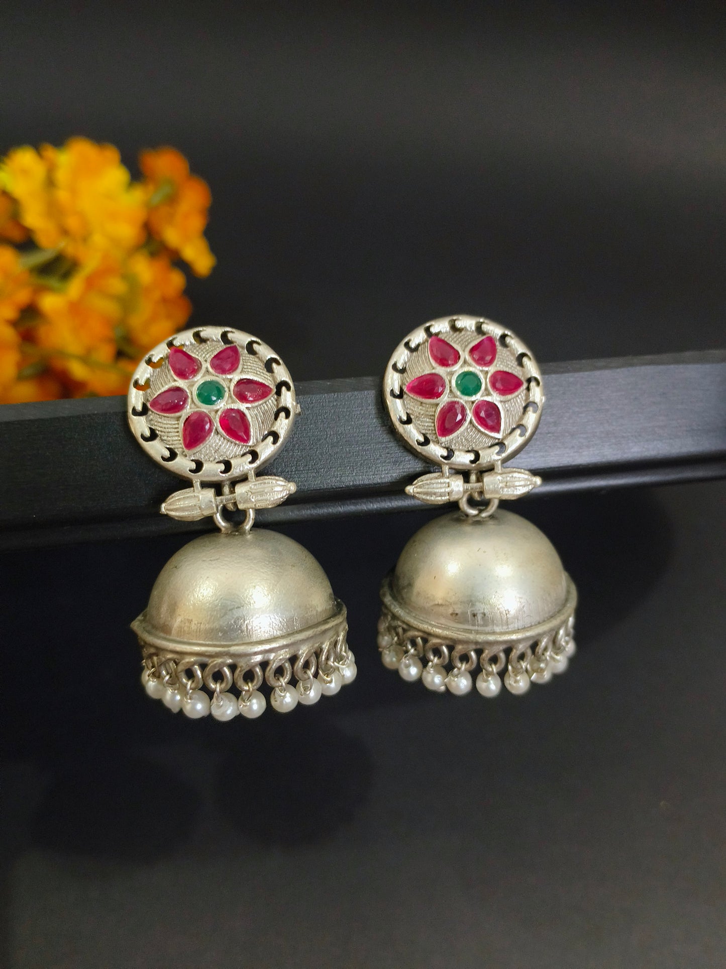 Vintage Charm: Oxidized Silver Jhumkas with Multi Colour Stonework