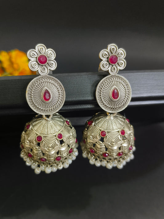 Vintage Charm: Oxidized Silver Jhumkas with Stonework