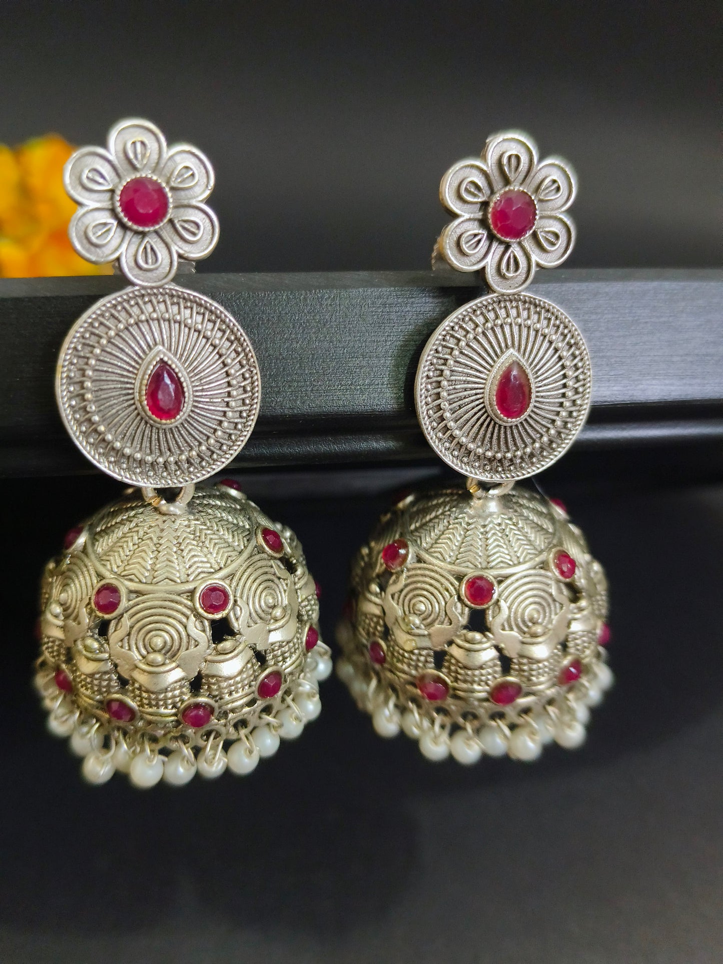 Vintage Charm: Oxidized Silver Jhumkas with Stonework