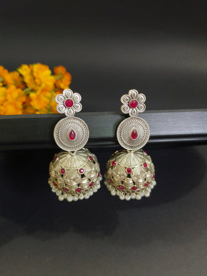 Vintage Charm: Oxidized Silver Jhumkas with Stonework