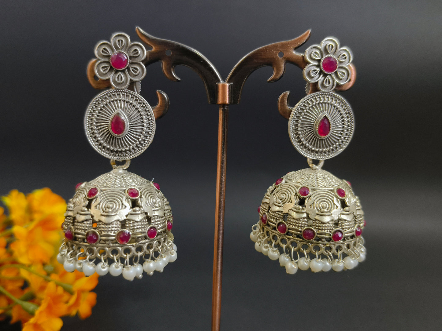 Vintage Charm: Oxidized Silver Jhumkas with Stonework