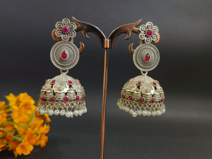 Vintage Charm: Oxidized Silver Jhumkas with Stonework