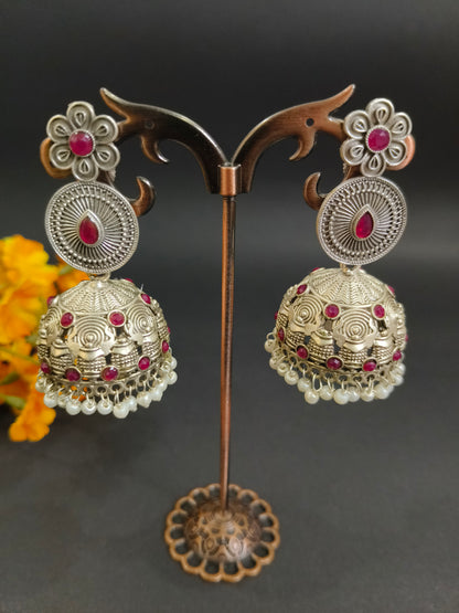 Vintage Charm: Oxidized Silver Jhumkas with Stonework